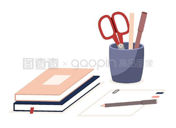 筆架、書籍、紙制辦公設(shè)備。剪刀、垂直塑料箱中的鉛筆。辦公和家庭用品文具和教育。矢量插圖平鋪式白色背景。筆架、書籍、紙制辦公設(shè)備。剪刀、鋼筆或鉛筆在白色垂直塑料箱中